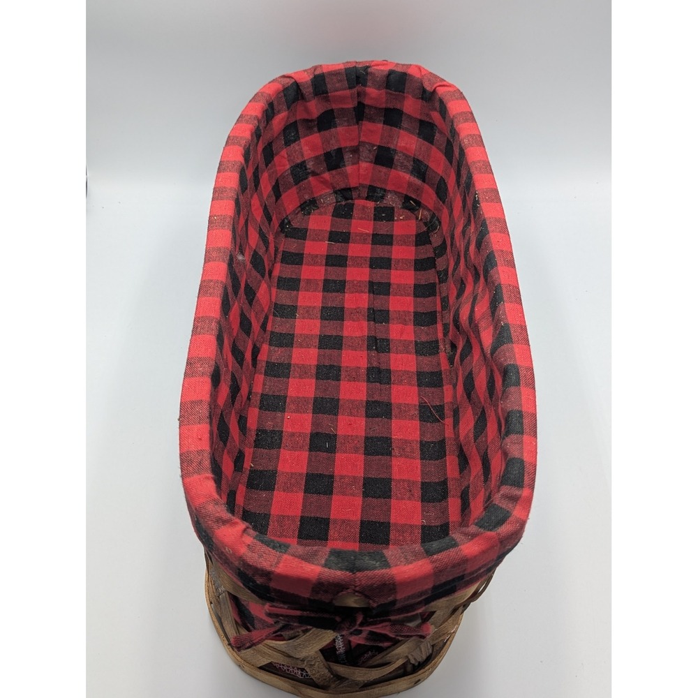 Vintage Woven Wood Basket Red Buffalo Plaid Liner Lattice Large Sturdy Decor